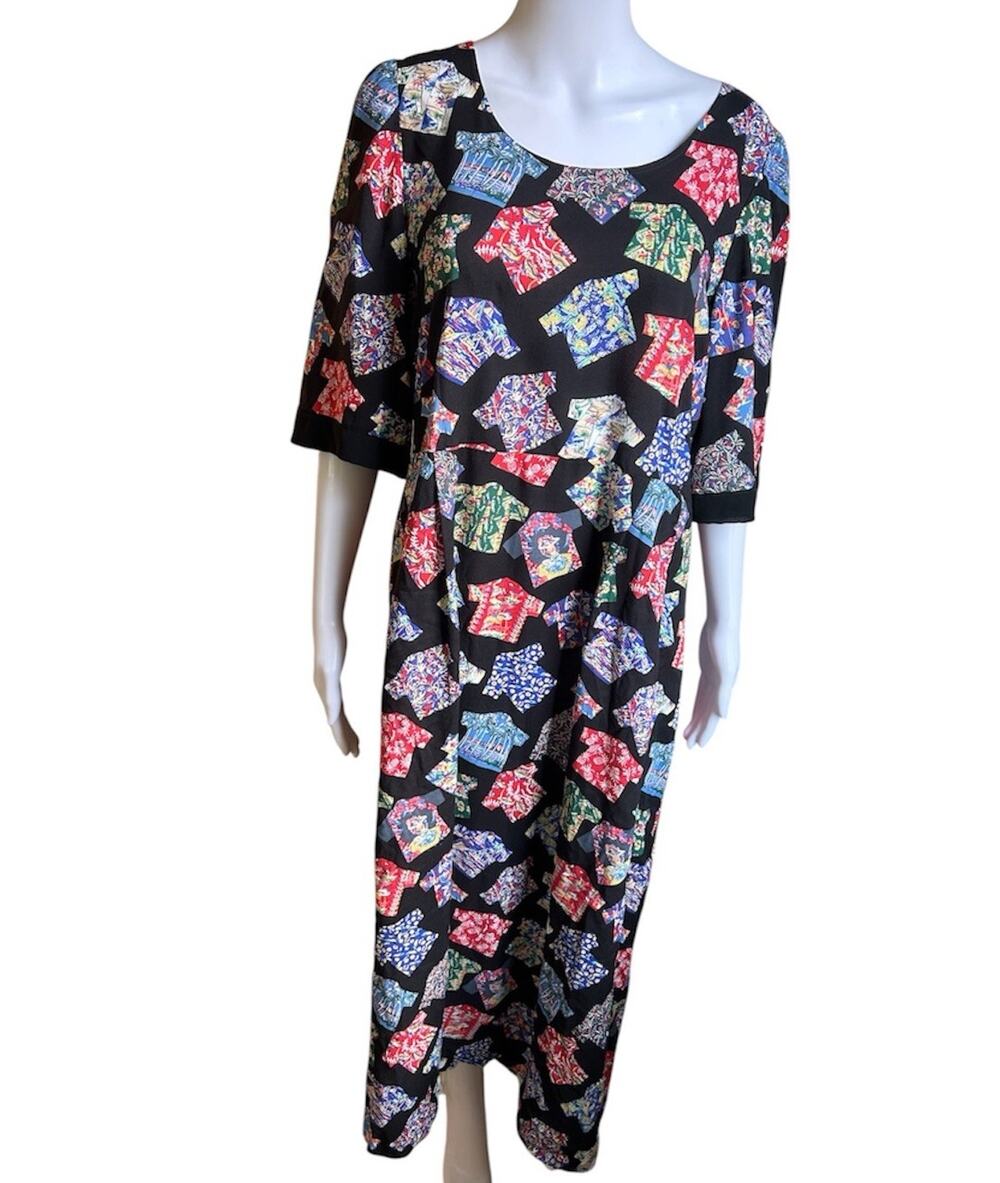 Vintage Reyn Spooner Muumuu Dress Womens M Black Hawaiian Maxi Lounge Aloha